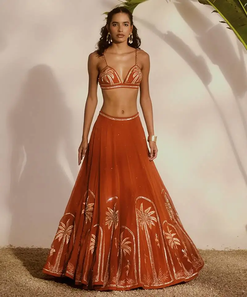 Orange embroidered organza lehenga