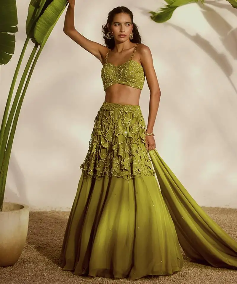 Green embroidered organza lehenga