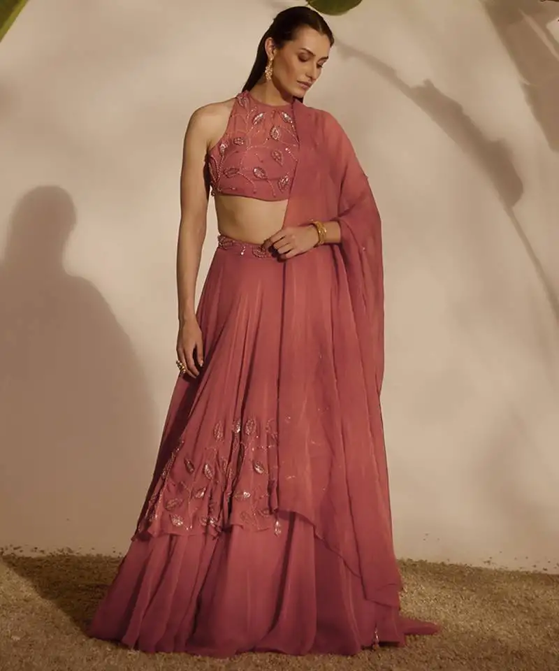 Pink embroidered organza lehenga