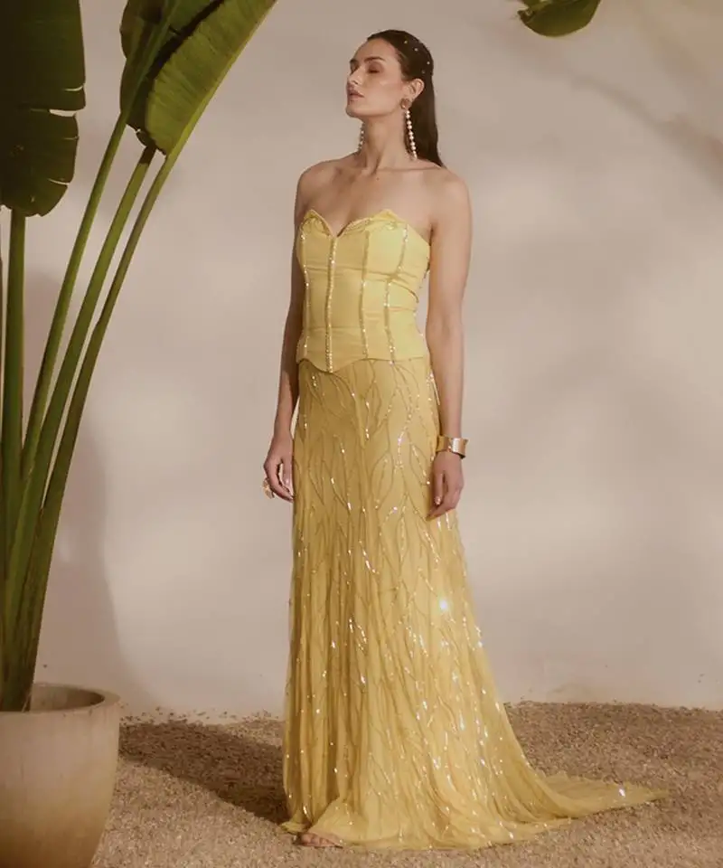 Yellow embroidered organza lehenga with bustier