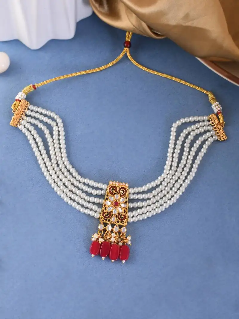 Traditional gold tone kunden pearls necklace for womens
