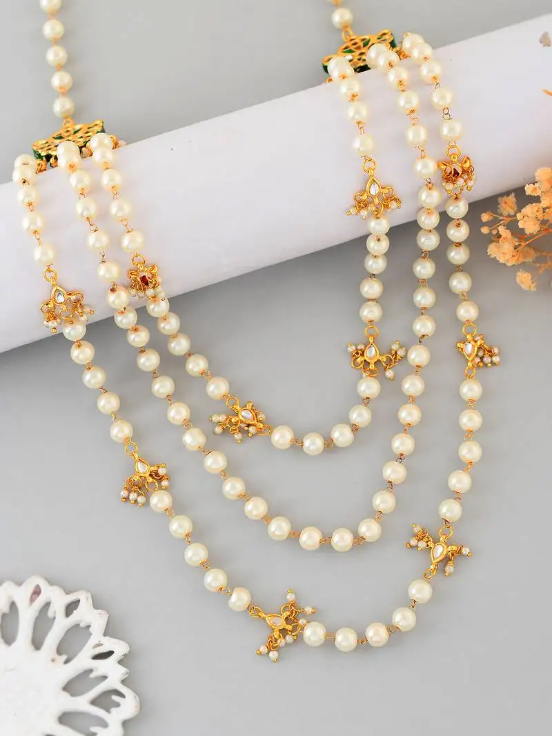 3 layer pearl & kundan beads gold-plated necklace