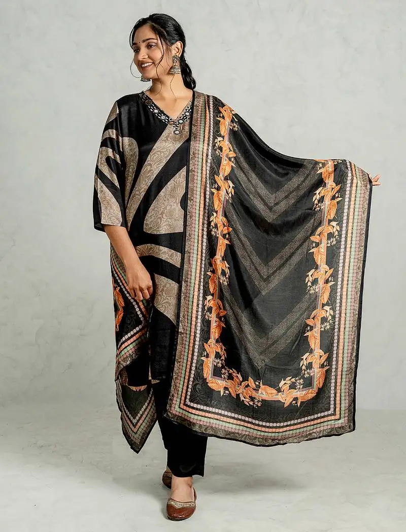Black muslin silk kurta pant set with dupatta