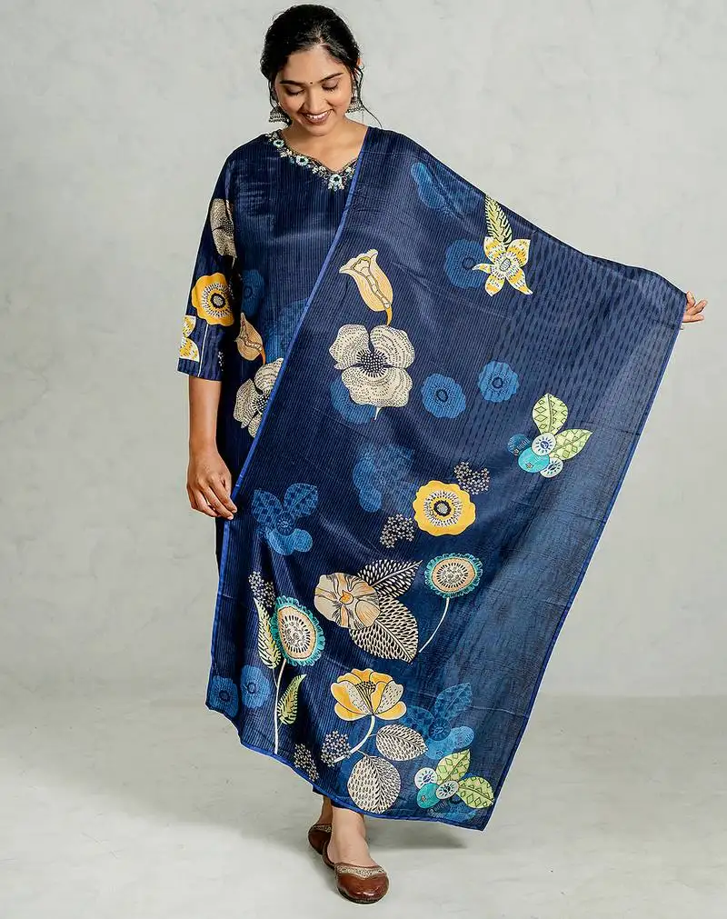 Blue muslin silk kurta pant set with dupatta