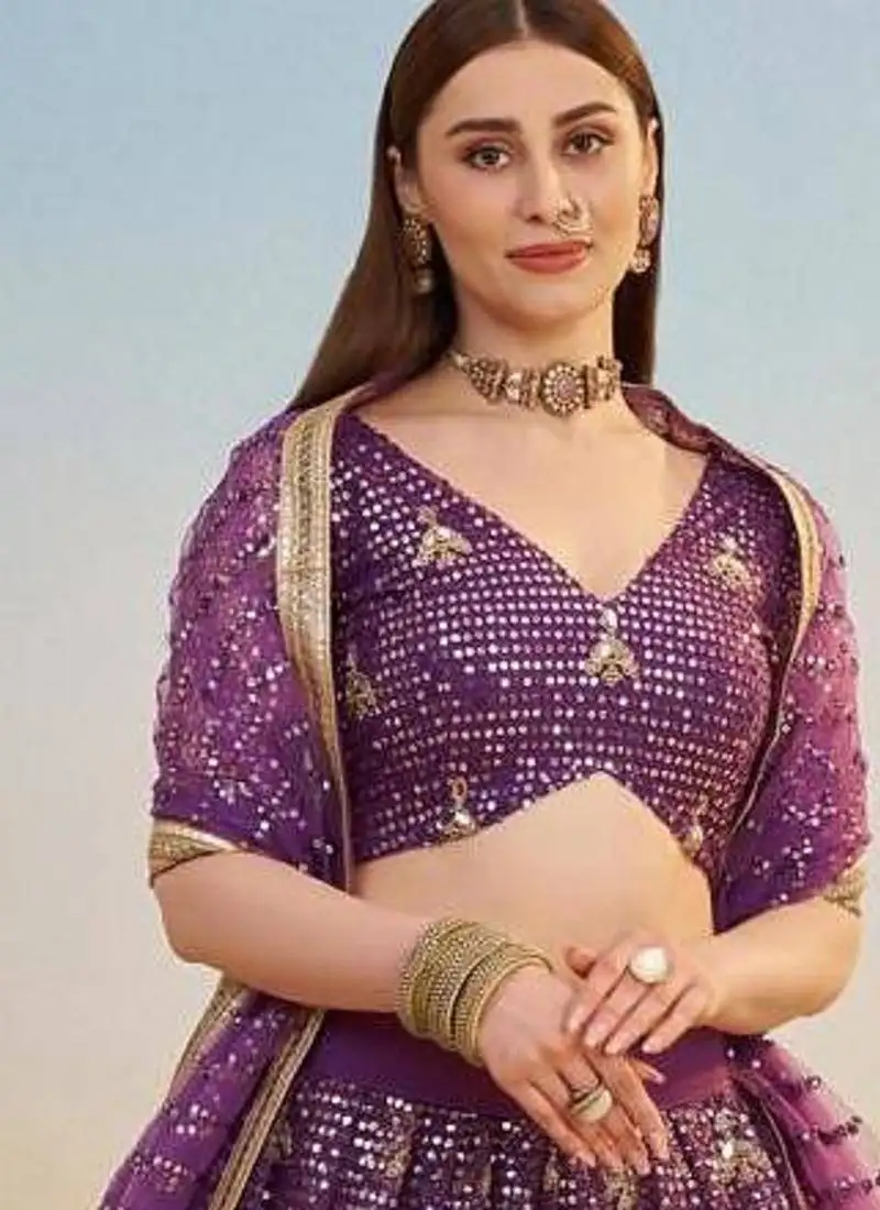 Dark purple embroidered net a line lehenga with blouse