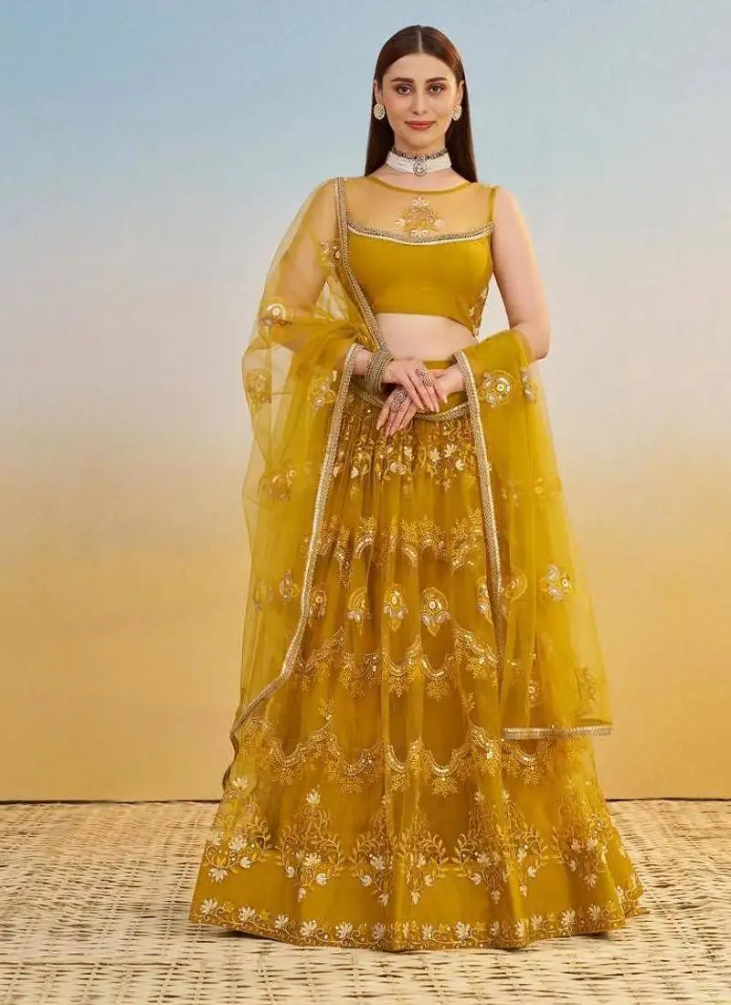 Mustard yellow embroidered net a line lehenga with blouse