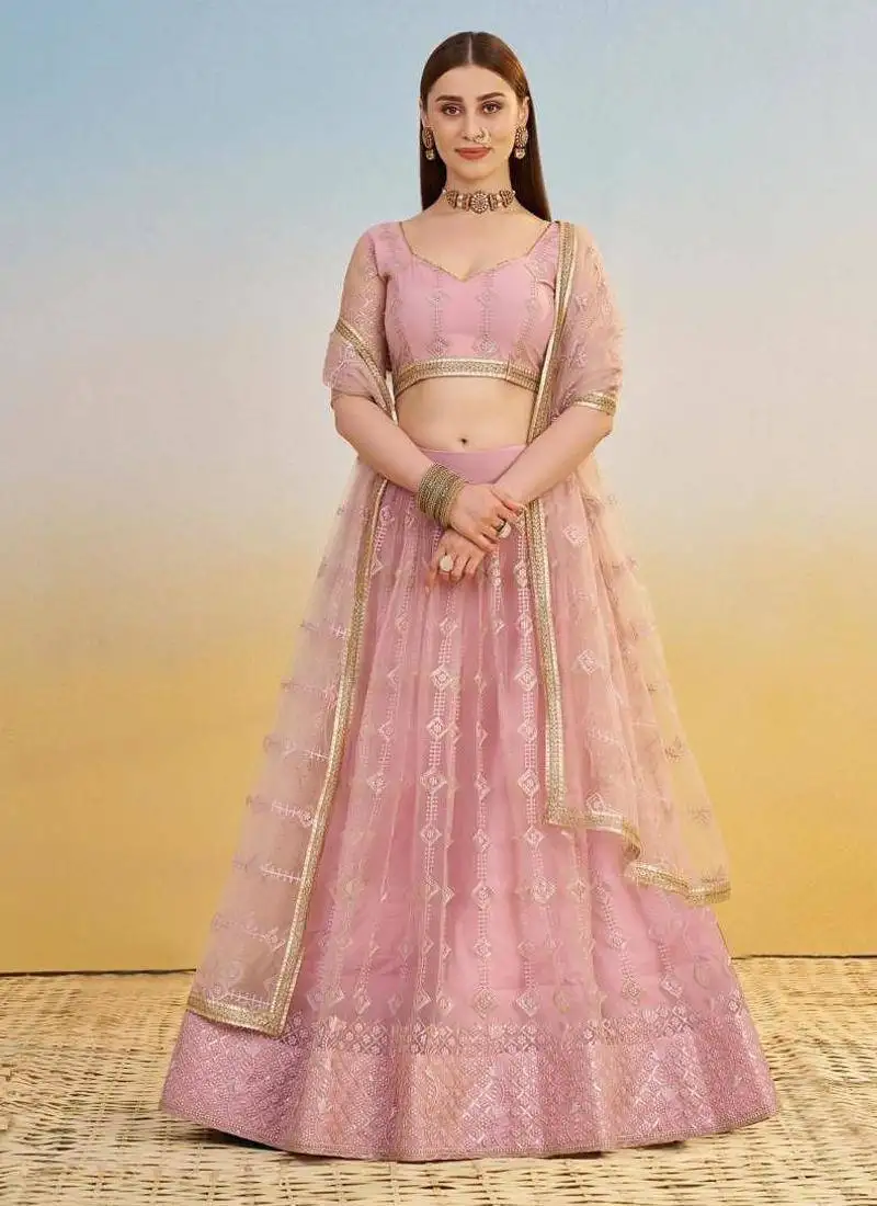 Light pink embroidered net a line lehenga with blouse
