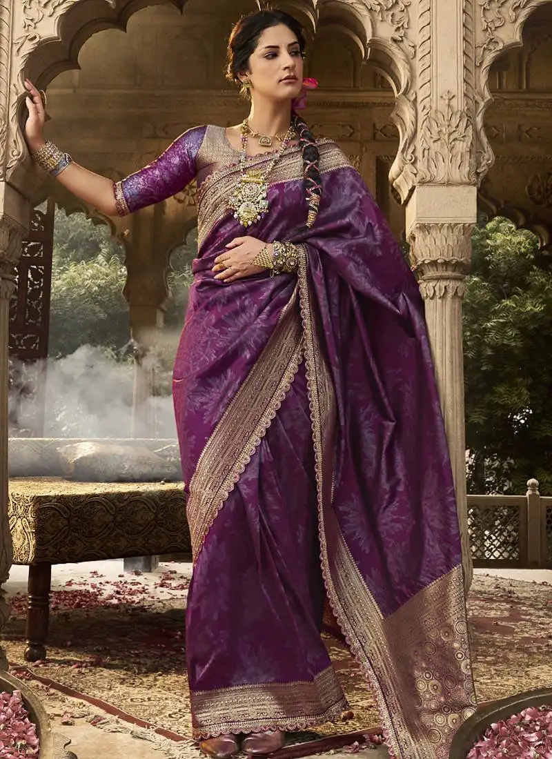 Wine banarasi silk blend wedding wear saree