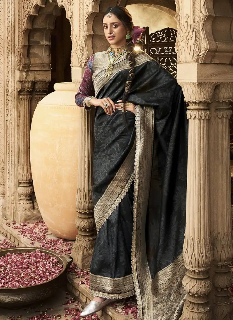 Black banarasi silk blend wedding wear saree