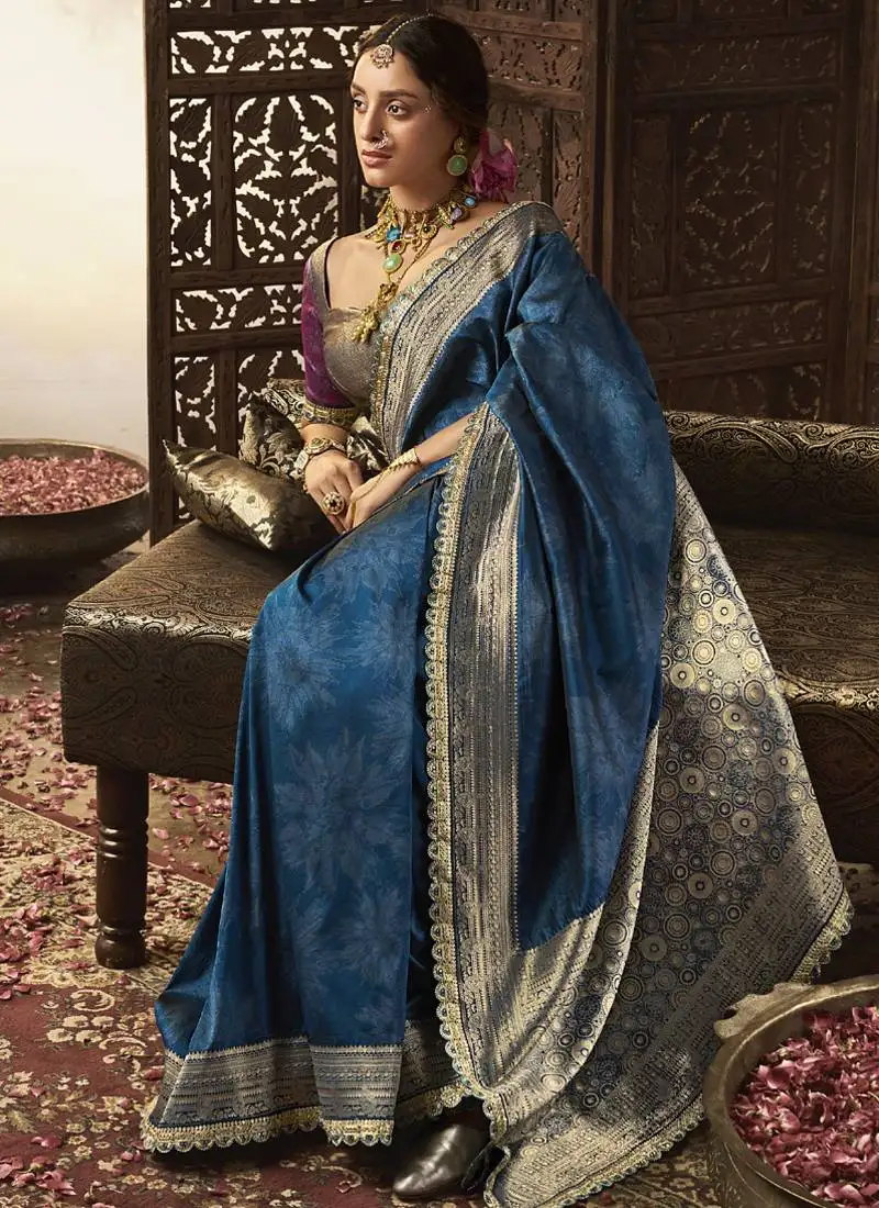 Aqua blue banarasi silk blend wedding wear saree