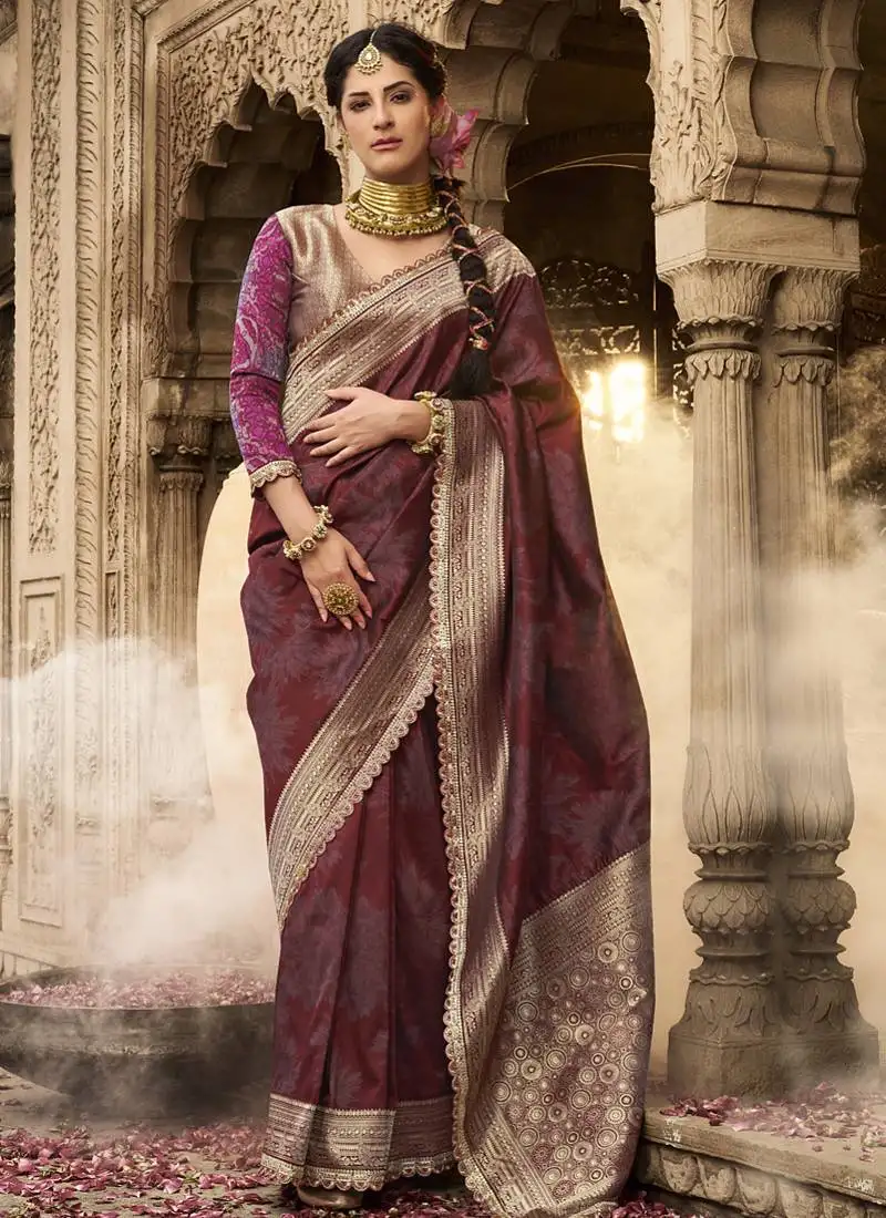Maroon banarasi silk blend wedding wear saree