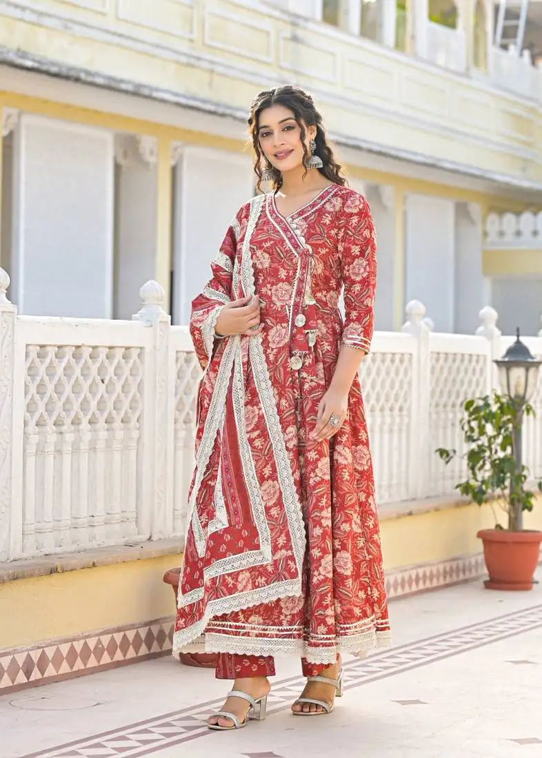 Ishika crimson premium cotton anarkali suit set