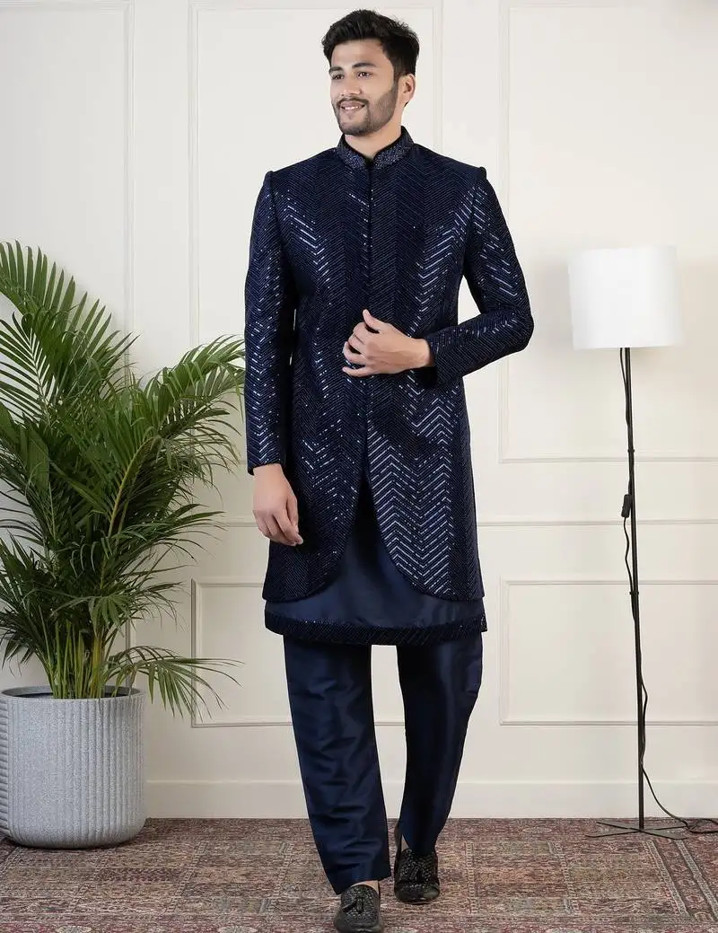 Navy velvet sequin embroidered indowestern