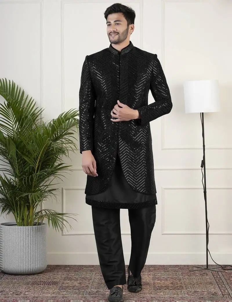 Black velvet sequin embroidered indowestern