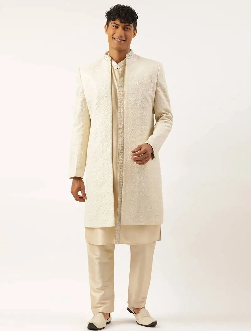 Cream shimmer embroidery indowestern with kurta set