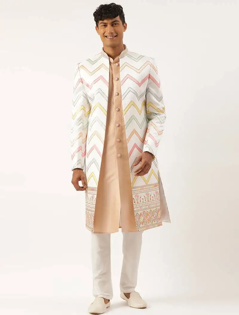 White embroidered open indowestern set