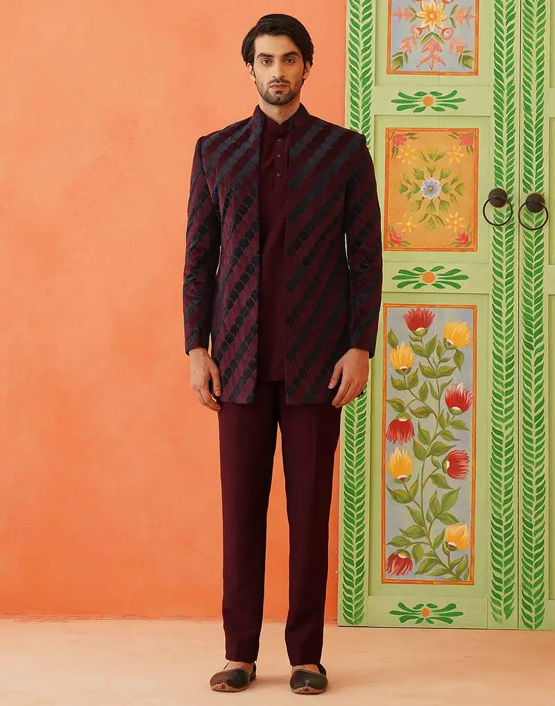 Maroon navy velvet open indowestern set