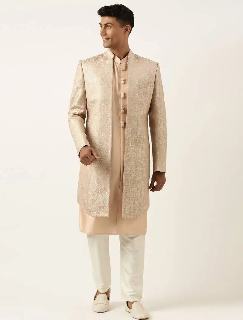 Peach jacquard indowestern set