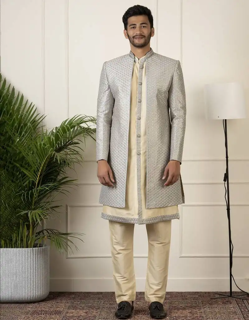 Grey embroidered indowestern set