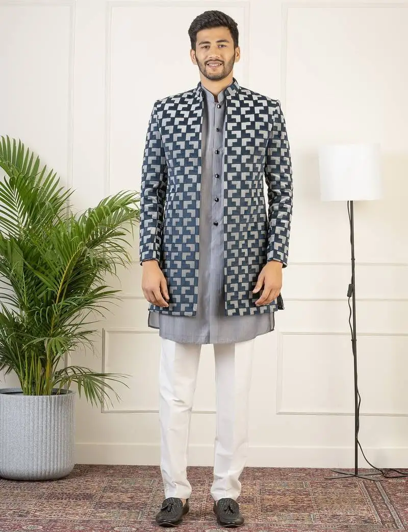 Grey navy velvet indowestern