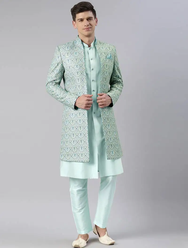 Green embroidered printed achkan