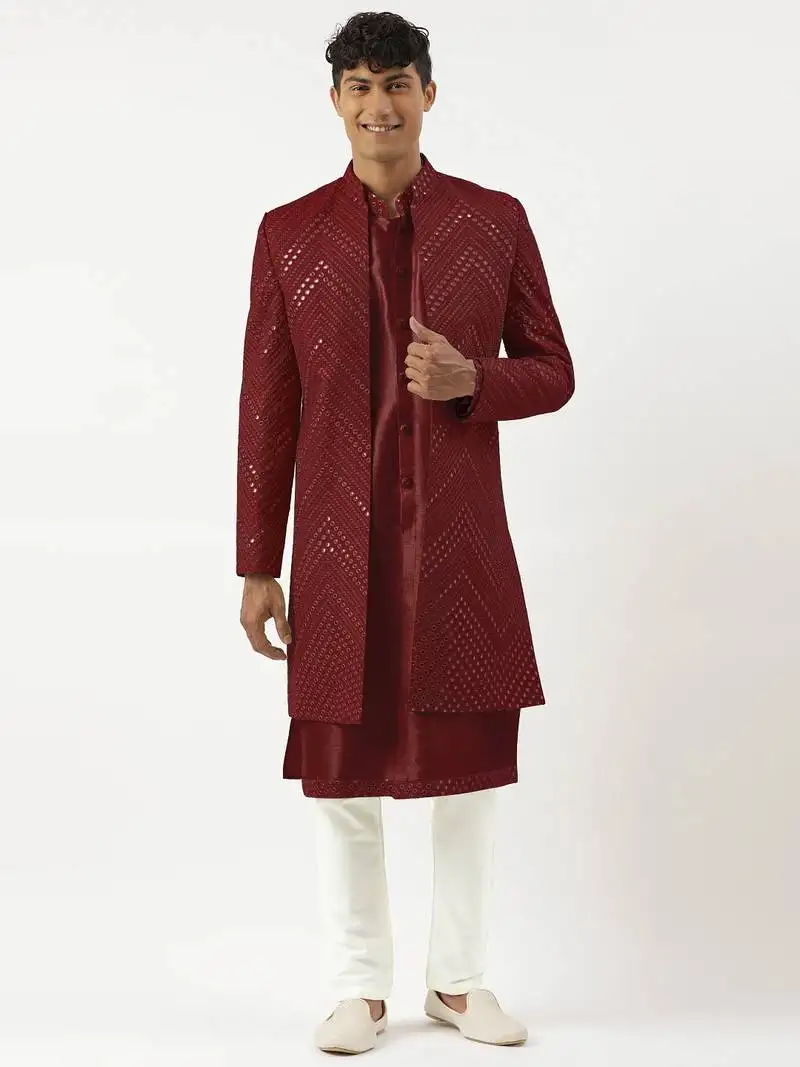 Maroon mirror embroidered indowestern with kutra