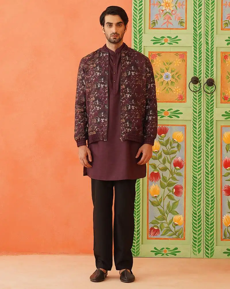 Wine cotton printed jacket kurta set