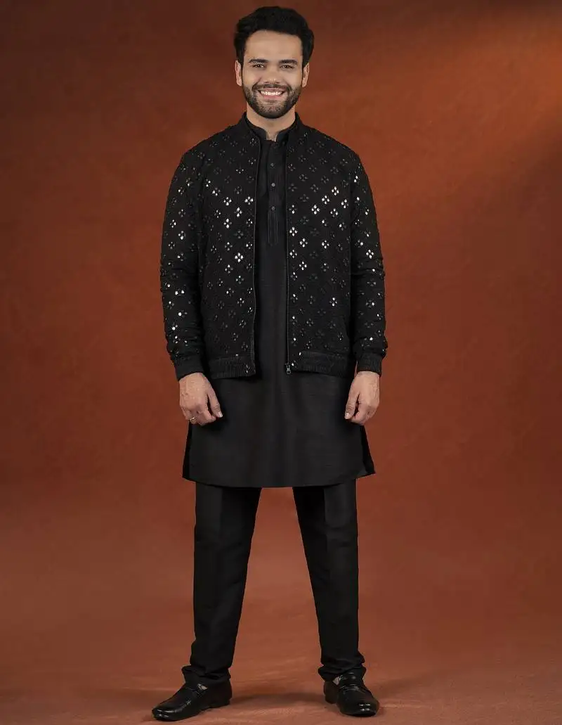 Black mirror embroidery jacket kurta set