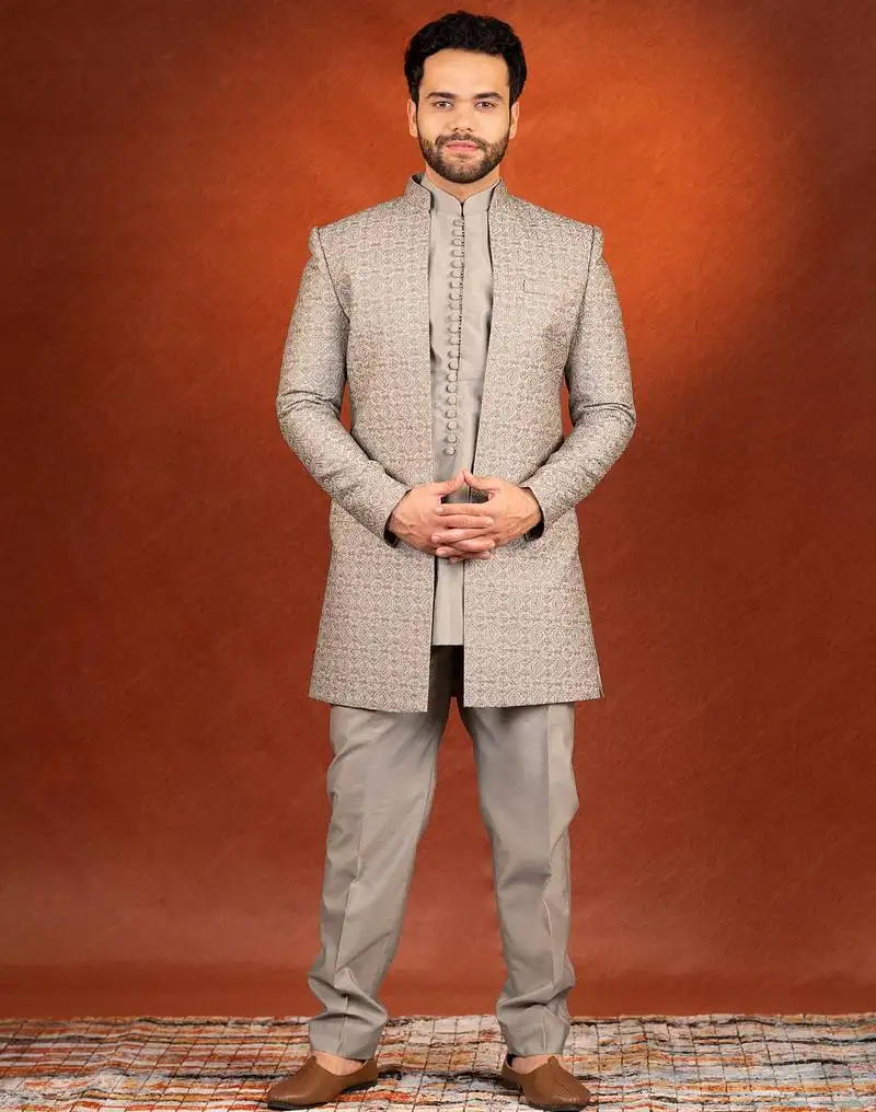 Sepia embroidered long jacket kurta set