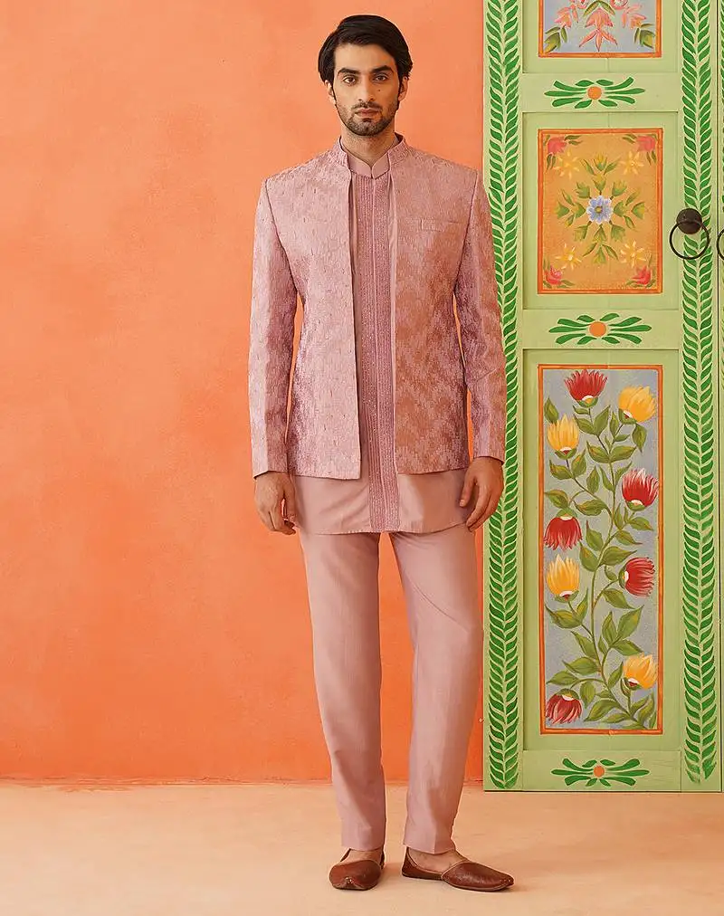 Onion pink front open jacket with short kurta set
