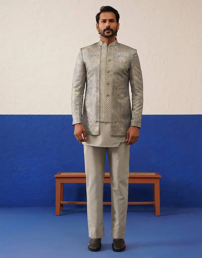 Greyish brown jacquard textured indo and kurta set