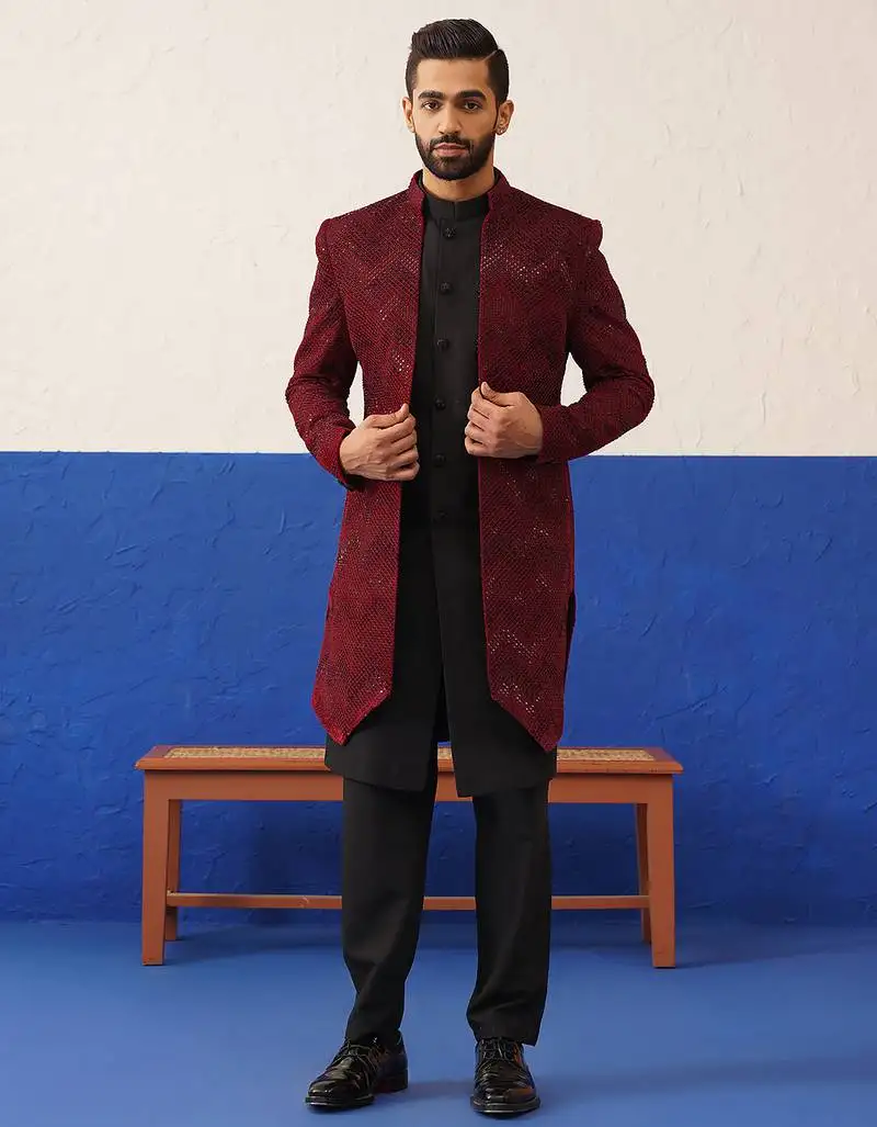 Red velvet with black handwork indo set