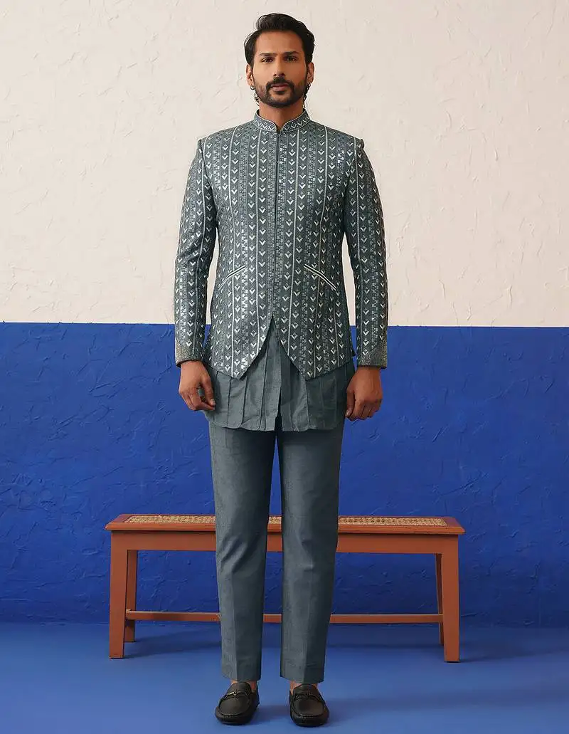 Geometric embroidered short jacket with pleated kurta set