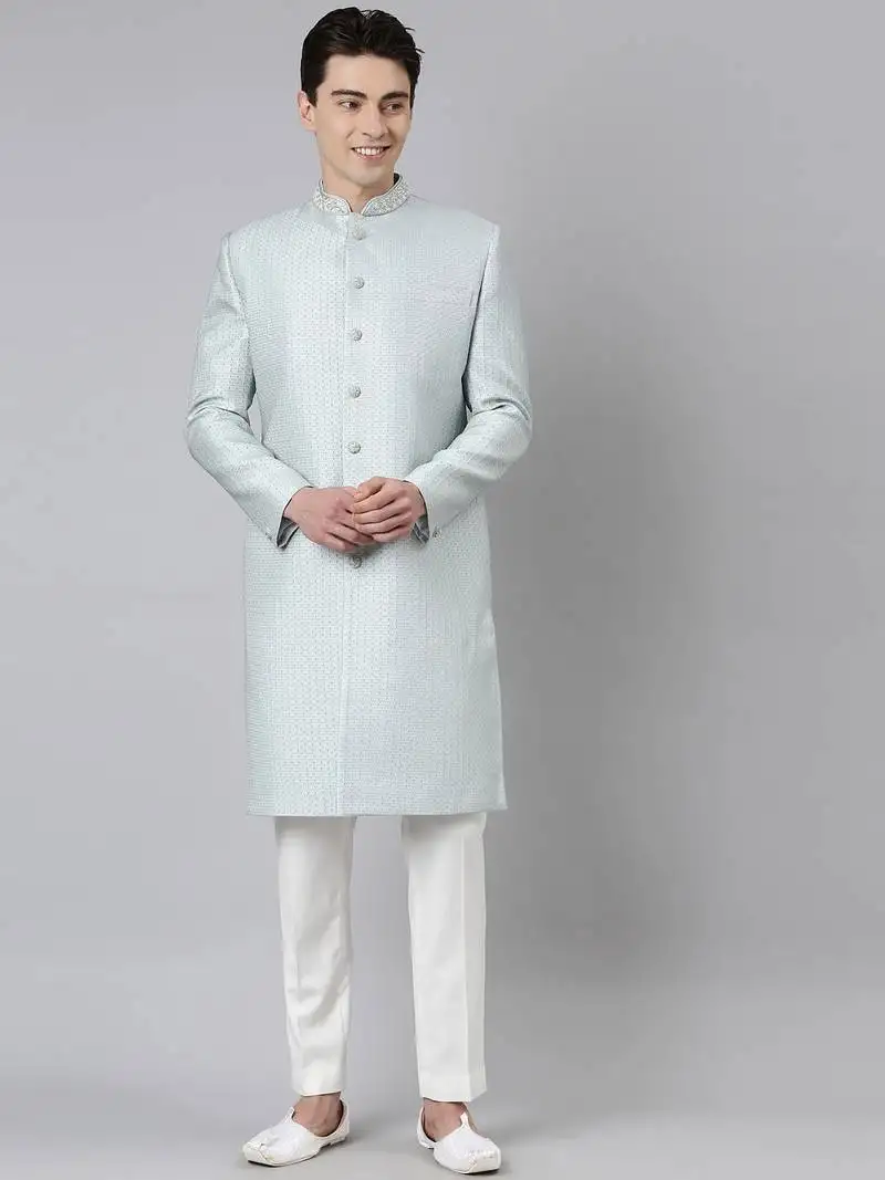 Powder green jacquard achkan