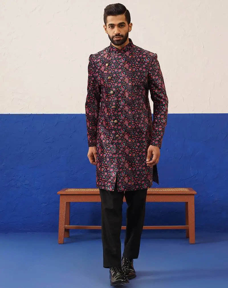 Black printed velvet angrakha indowestern set