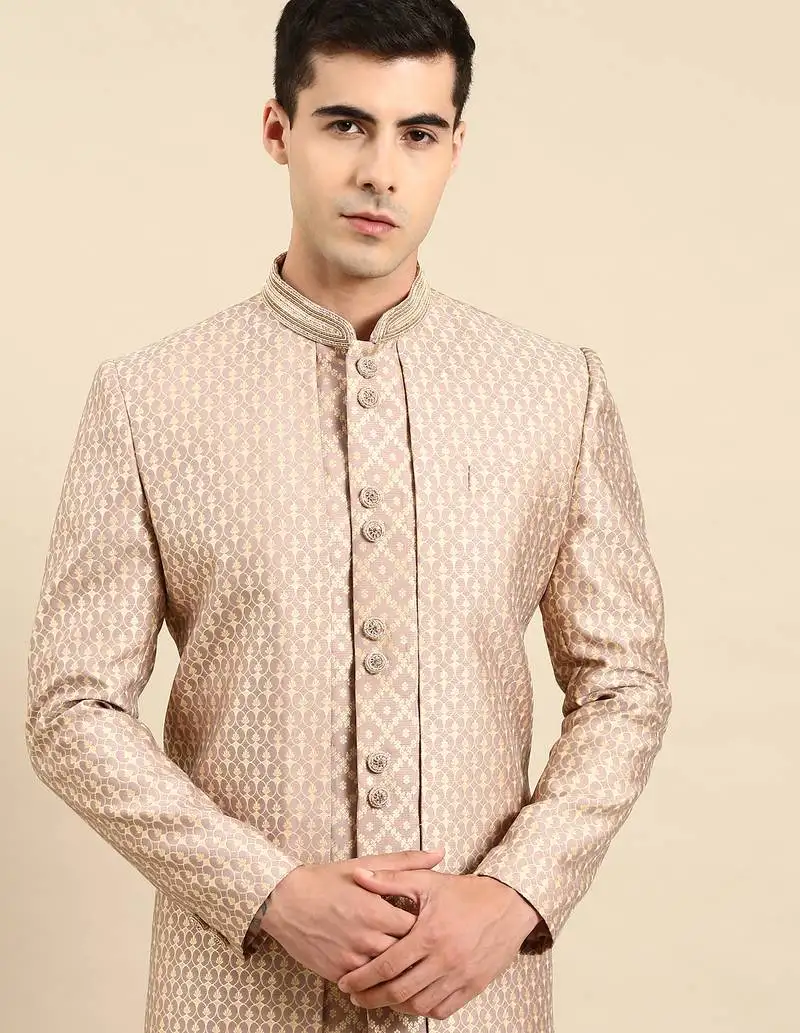 Dusty pink gold jacquard layered indowestern