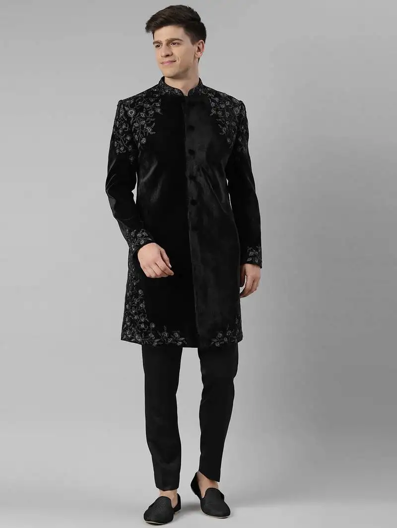 Black velvet embroidery achkan