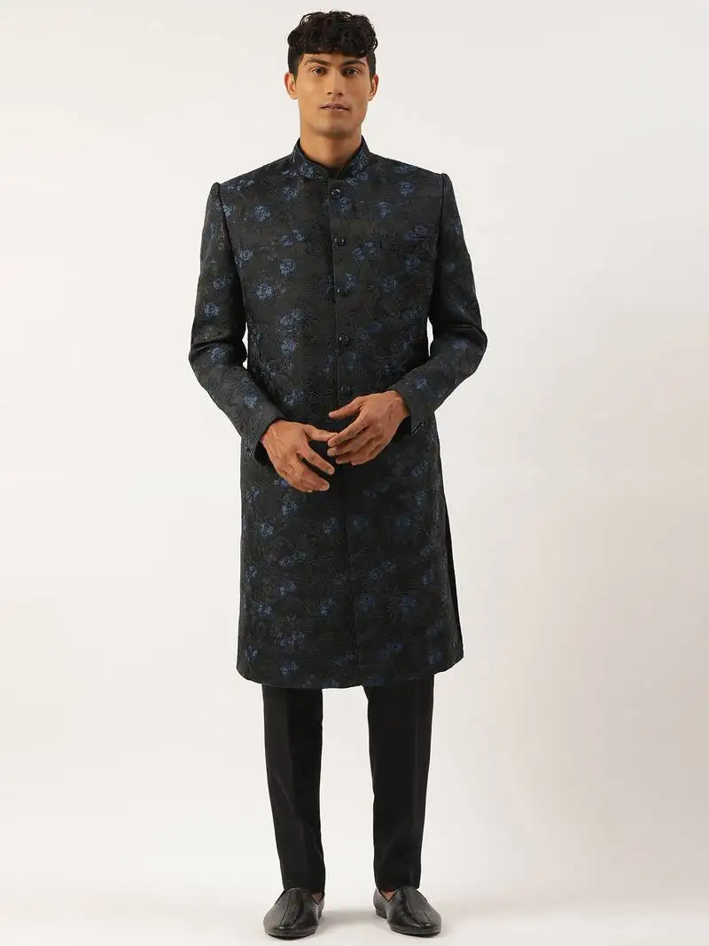 Navy blue embroidered indowestern