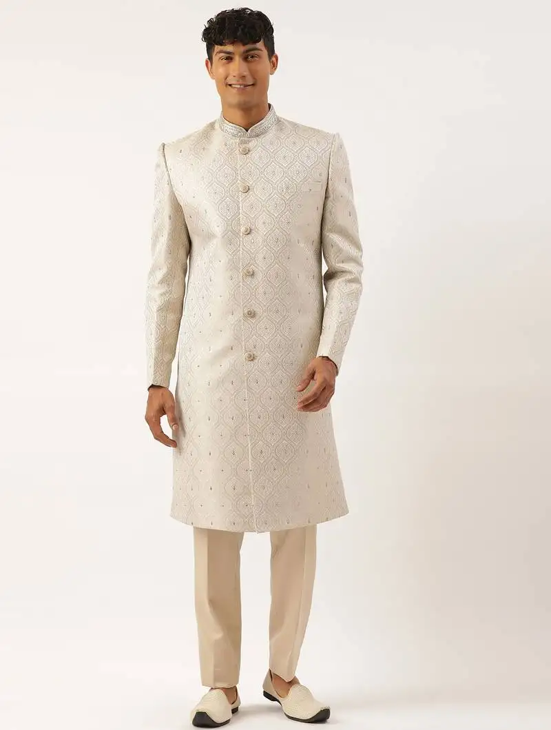 Ivory jacquard indowestern set