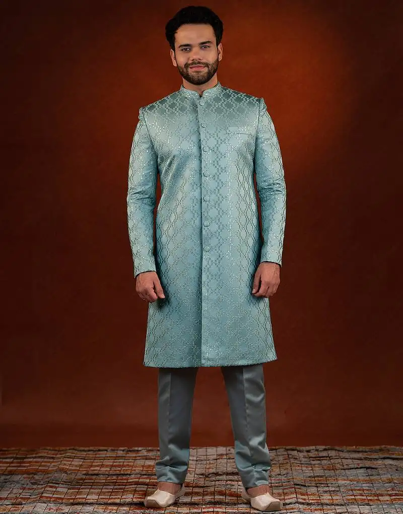 Teal embroidered achkan set