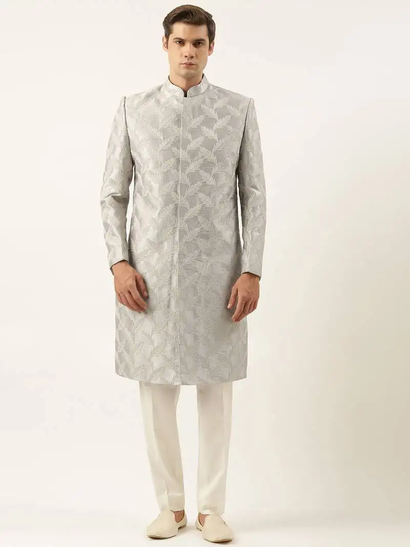 Grey thread embroidered achkan