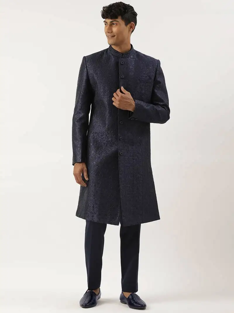 Navy silk embroidered indowestern set