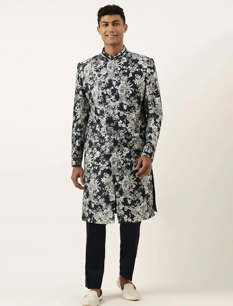 Navy grey jacquard angrakha indowestern set