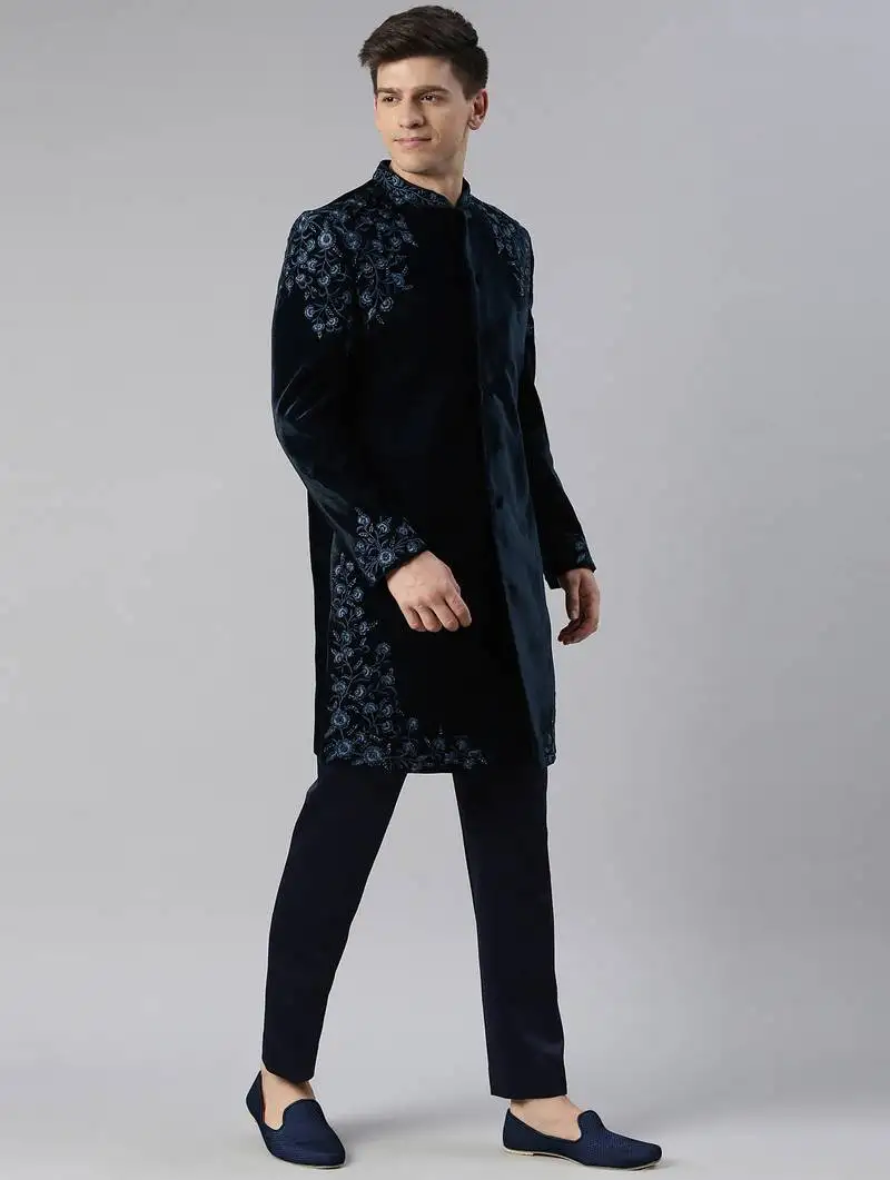 Aman maheshwari in navy velvet embroidery achkan