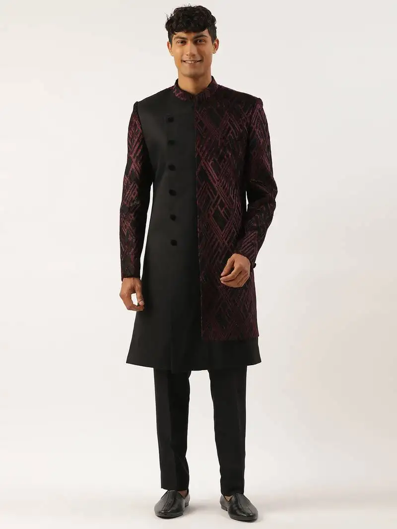 Wine velvet angrakha layered indowestern