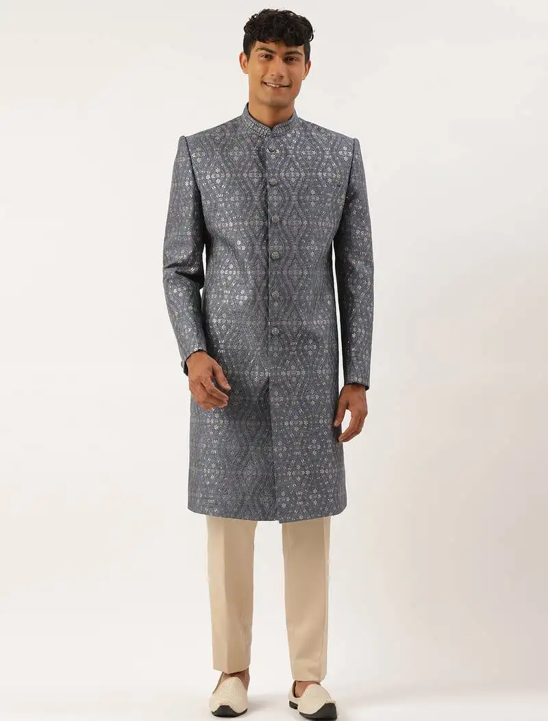Grey silk embroidered indowestern