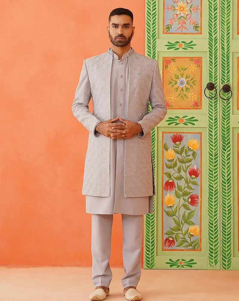 Grey dori embroidered achkan