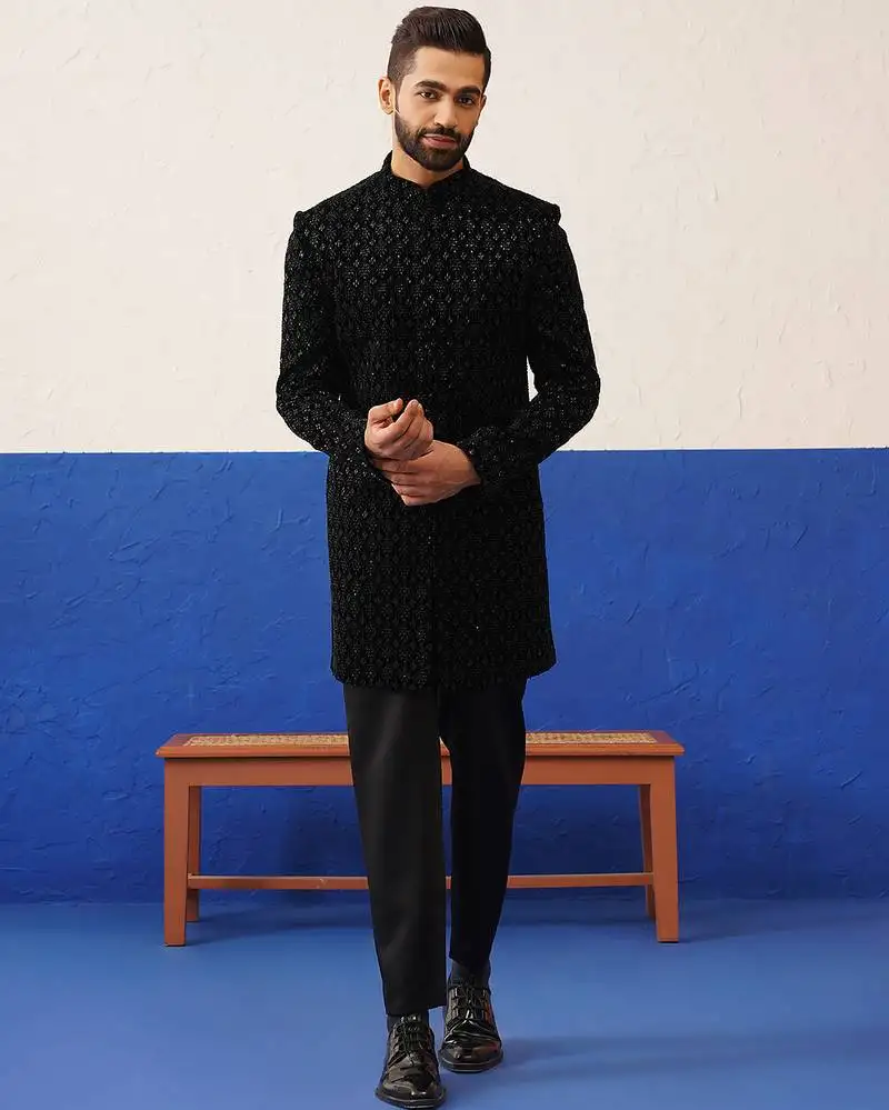 Black velvet embroidered short indo set