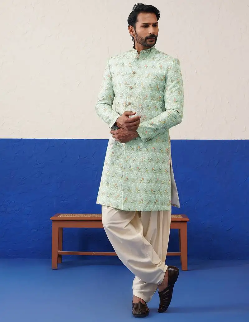 Light blue embriodered indowestern set