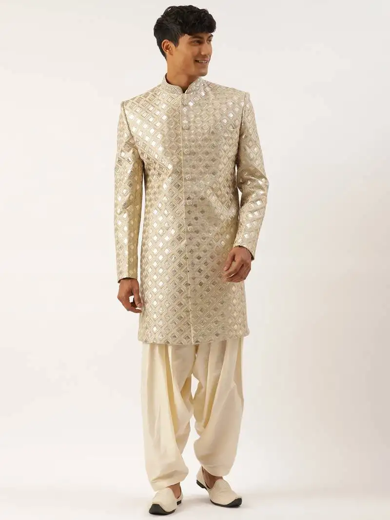 Beige gold embriodered indowestern